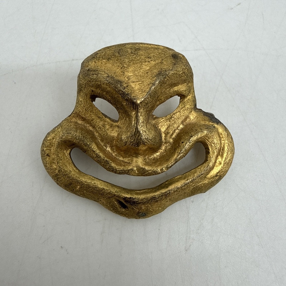 Vintage Gold Tone Smiling Grotesque Mask Pin Brooch - Handmade in Italy